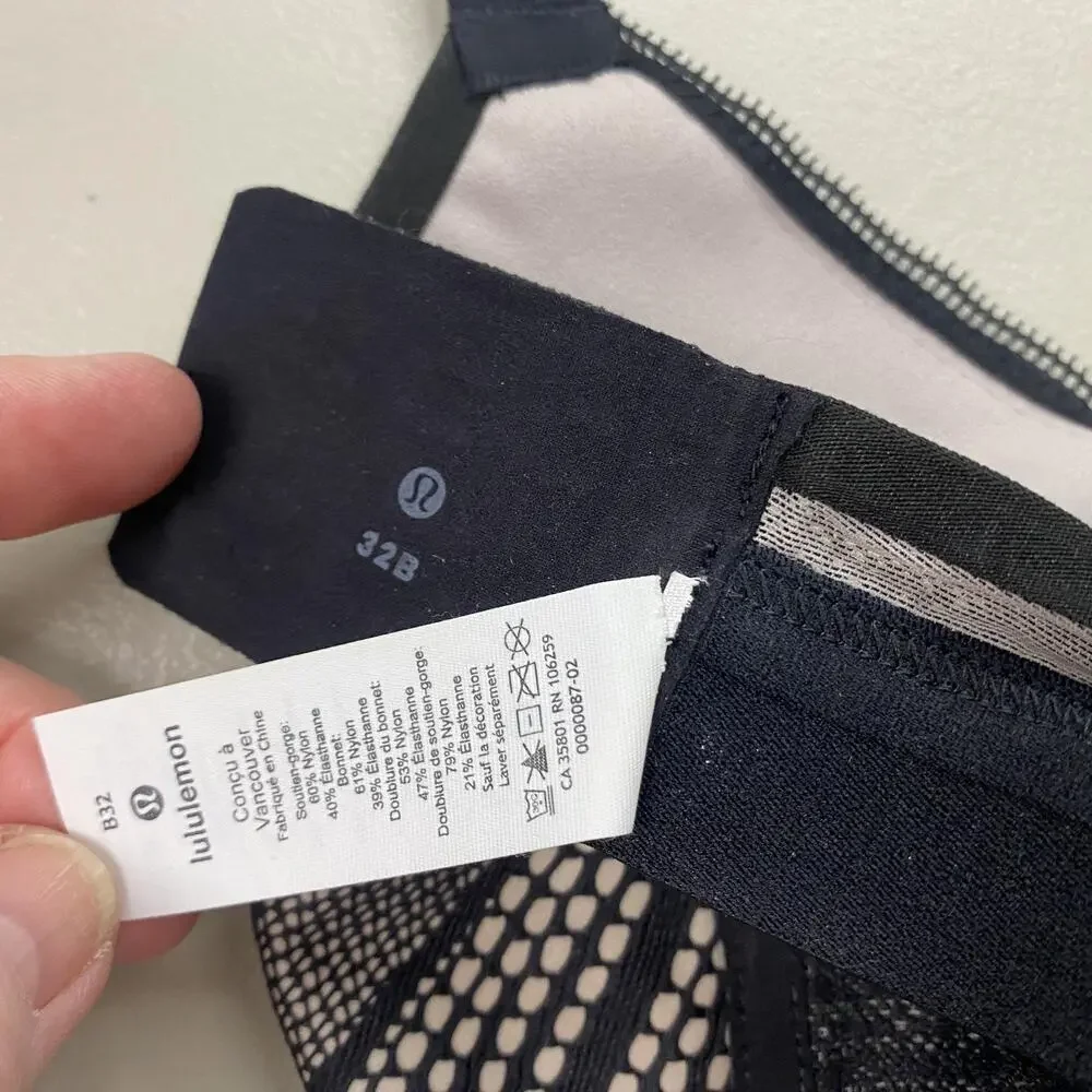 Lululemon Awake to Lace Sports Bra 32B Black Barely Mesh Racerback Wireless Yoga
